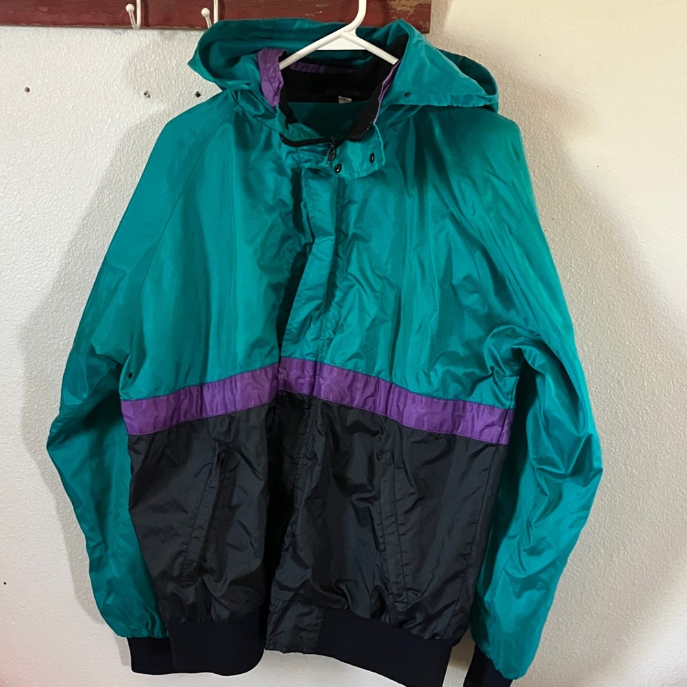 1990’s Hotstuf Teal and Black Hooded Wind Zip Jacket with Purple Accents Large